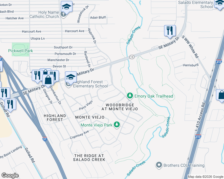 map of restaurants, bars, coffee shops, grocery stores, and more near 4046 Blue Oak Pass in San Antonio