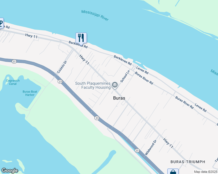 map of restaurants, bars, coffee shops, grocery stores, and more near in Buras