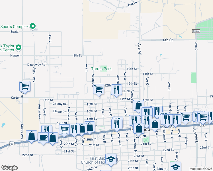 map of restaurants, bars, coffee shops, grocery stores, and more near 1608 12th Street in Hondo