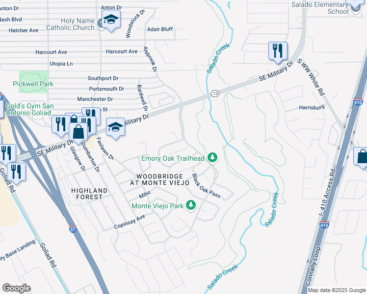 map of restaurants, bars, coffee shops, grocery stores, and more near 4046 Blue Oak Pass in San Antonio