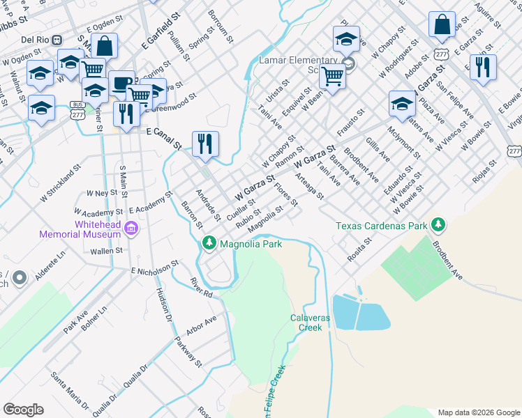 map of restaurants, bars, coffee shops, grocery stores, and more near Mendez St in Del Rio