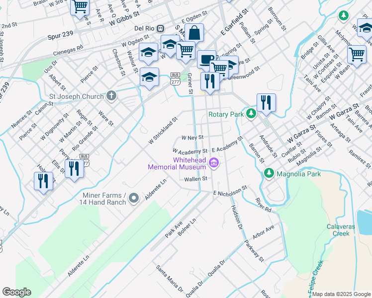 map of restaurants, bars, coffee shops, grocery stores, and more near 301 W Academy St in Del Rio