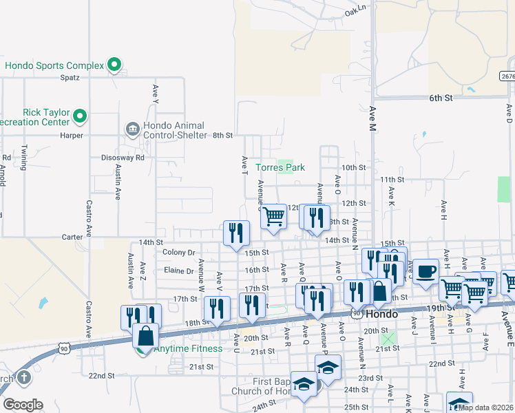 map of restaurants, bars, coffee shops, grocery stores, and more near 1107 Avenue South in Hondo