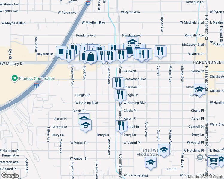 map of restaurants, bars, coffee shops, grocery stores, and more near 2403 Commercial Avenue in San Antonio