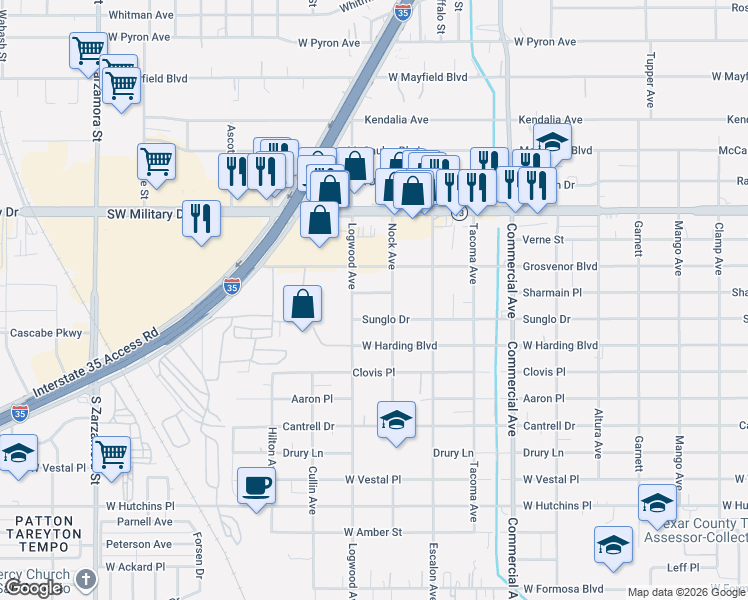 map of restaurants, bars, coffee shops, grocery stores, and more near 1102 Sharmain Place in San Antonio