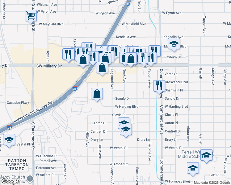 map of restaurants, bars, coffee shops, grocery stores, and more near 1138 Sharmain Place in San Antonio