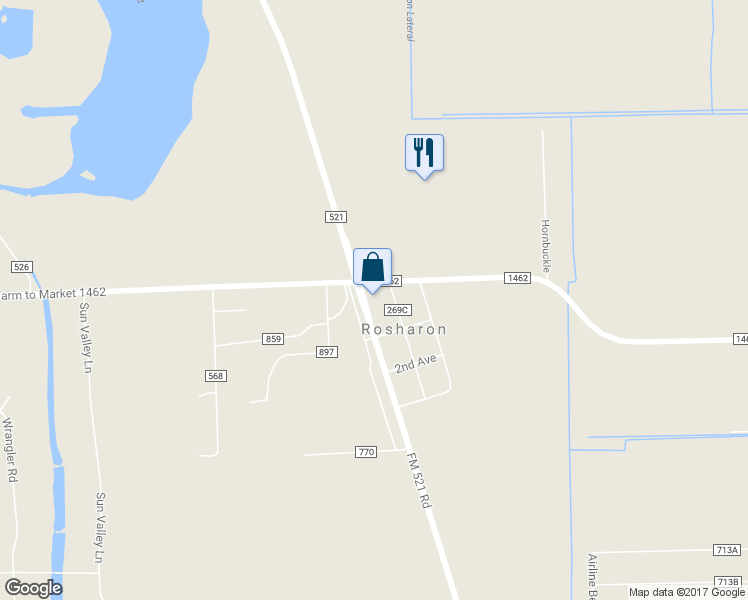 map of restaurants, bars, coffee shops, grocery stores, and more near 16203 Fm 521 Rd in Rosharon