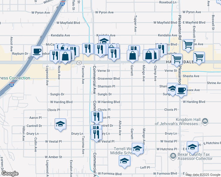 map of restaurants, bars, coffee shops, grocery stores, and more near 500 Burton Avenue in San Antonio