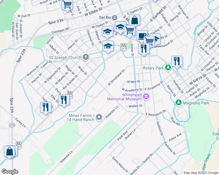 map of restaurants, bars, coffee shops, grocery stores, and more near 254 West Strickland Street in Del Rio