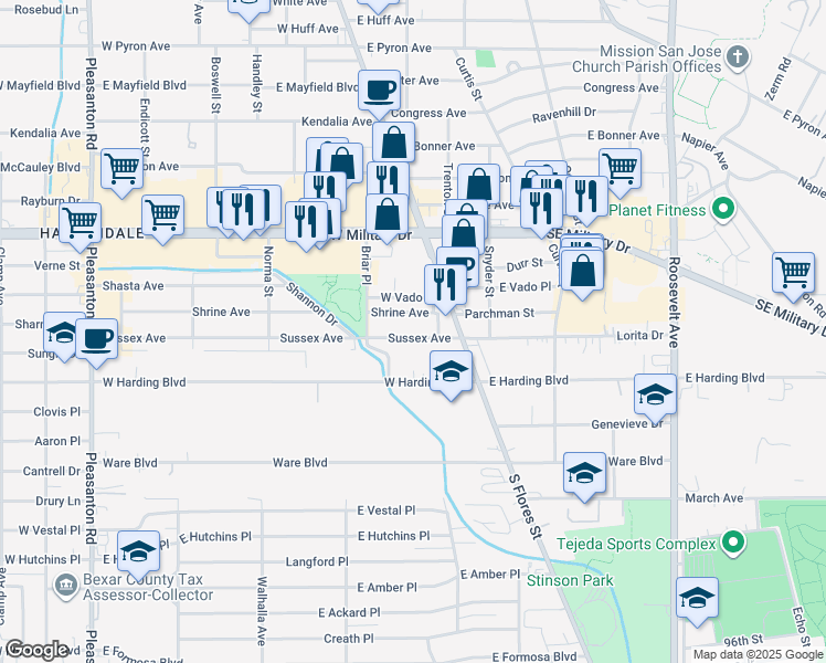 map of restaurants, bars, coffee shops, grocery stores, and more near 443 Sussex Avenue in San Antonio