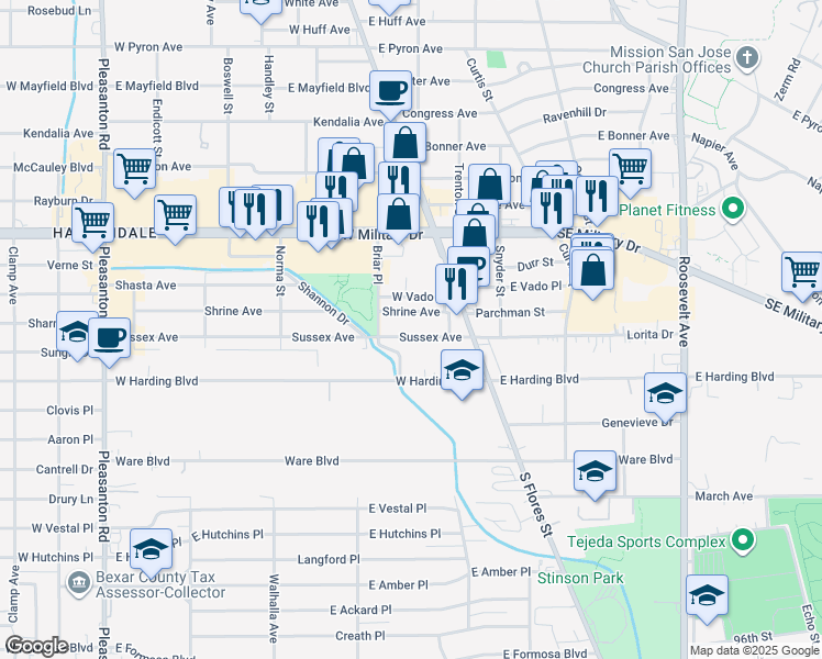 map of restaurants, bars, coffee shops, grocery stores, and more near 443 Sussex Avenue in San Antonio