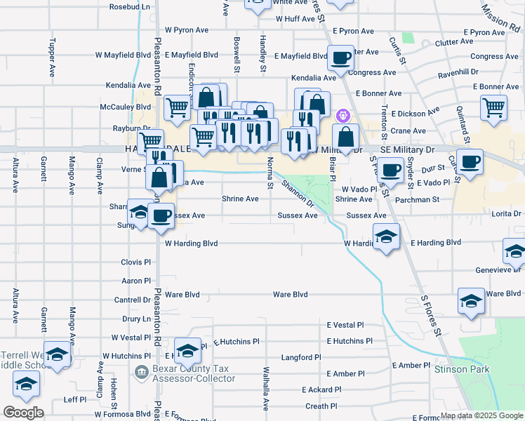 map of restaurants, bars, coffee shops, grocery stores, and more near 255 Sussex Avenue in San Antonio
