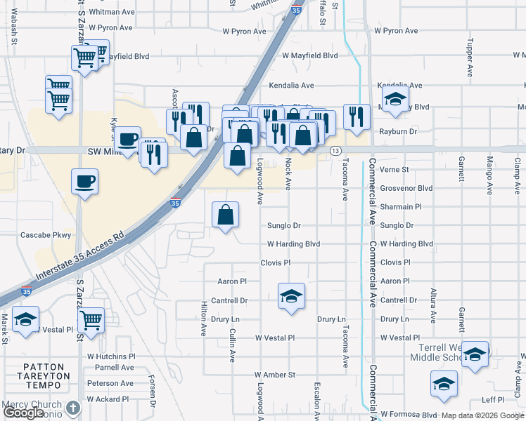 map of restaurants, bars, coffee shops, grocery stores, and more near 1138 Sharmain Place in San Antonio