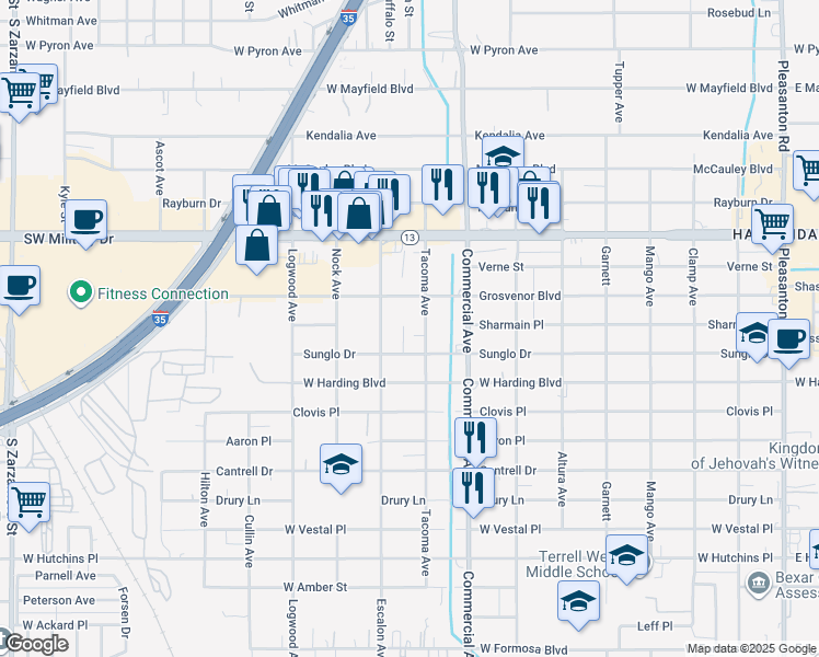 map of restaurants, bars, coffee shops, grocery stores, and more near 7402 Mary Abbott Street in San Antonio