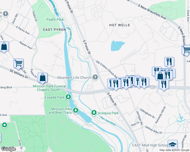 map of restaurants, bars, coffee shops, grocery stores, and more near 7431 South Presa Street in San Antonio