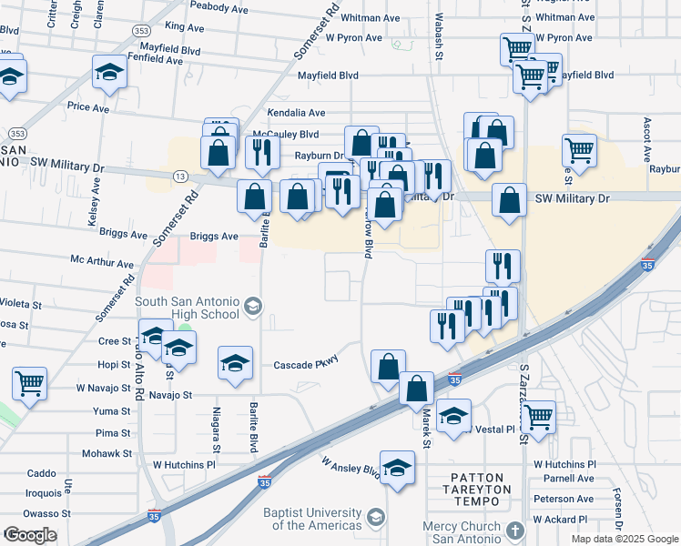 map of restaurants, bars, coffee shops, grocery stores, and more near 7423 Yarrow Boulevard in San Antonio