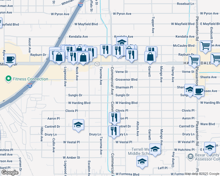 map of restaurants, bars, coffee shops, grocery stores, and more near 2403 Commercial Avenue in San Antonio
