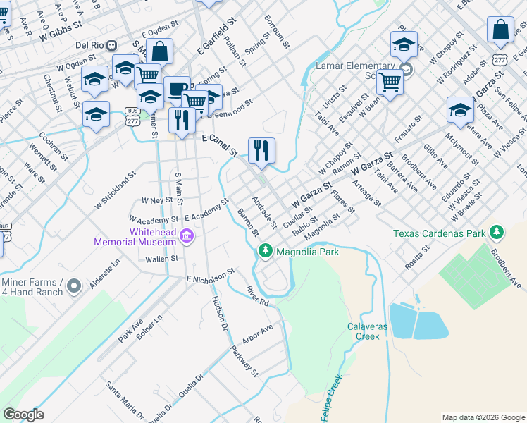 map of restaurants, bars, coffee shops, grocery stores, and more near 201 West Chapoy Street in Del Rio