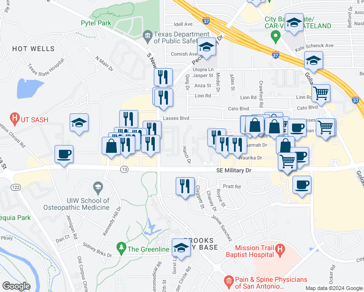 map of restaurants, bars, coffee shops, grocery stores, and more near 7306 Hanzi Drive in San Antonio