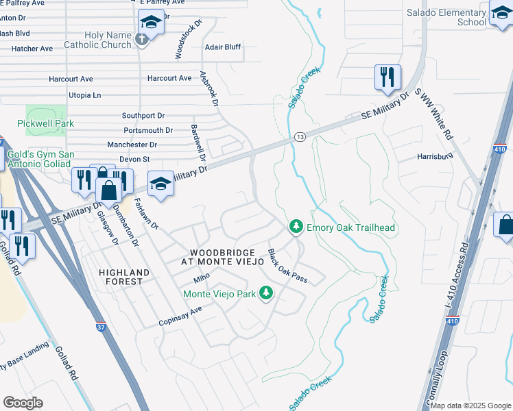 map of restaurants, bars, coffee shops, grocery stores, and more near 4046 Blue Oak Pass in San Antonio