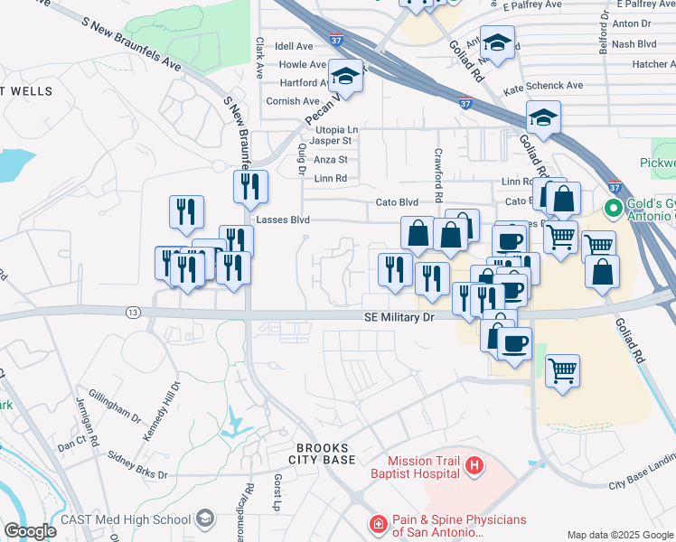map of restaurants, bars, coffee shops, grocery stores, and more near 3007 Southeast Military Drive in San Antonio