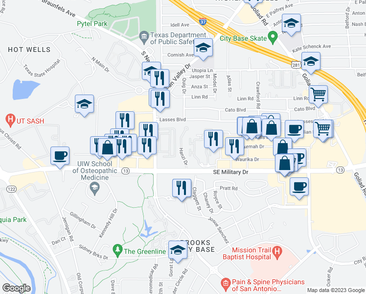 map of restaurants, bars, coffee shops, grocery stores, and more near 2819 Southeast Military Drive in San Antonio