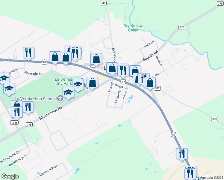 map of restaurants, bars, coffee shops, grocery stores, and more near 207 McCoy in La Vernia
