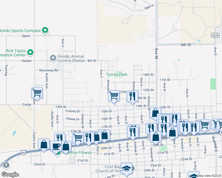 map of restaurants, bars, coffee shops, grocery stores, and more near 1107 Avenue South in Hondo
