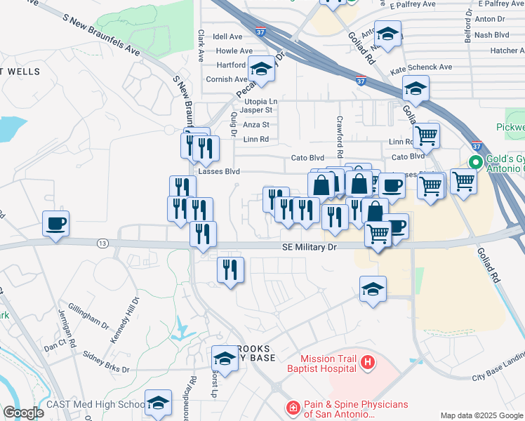 map of restaurants, bars, coffee shops, grocery stores, and more near 3007 Southeast Military Drive in San Antonio