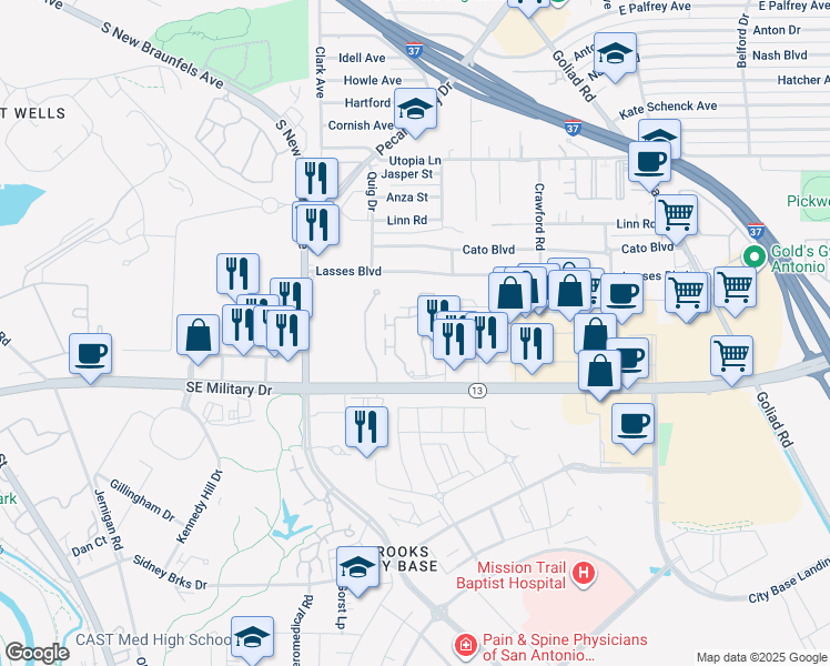 map of restaurants, bars, coffee shops, grocery stores, and more near 3007 Southeast Military Drive in San Antonio