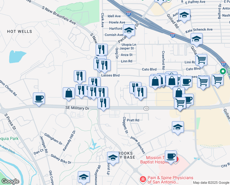 map of restaurants, bars, coffee shops, grocery stores, and more near 7306 Hanzi Drive in San Antonio