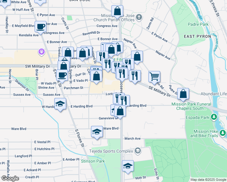 map of restaurants, bars, coffee shops, grocery stores, and more near 259 Lorita Drive in San Antonio