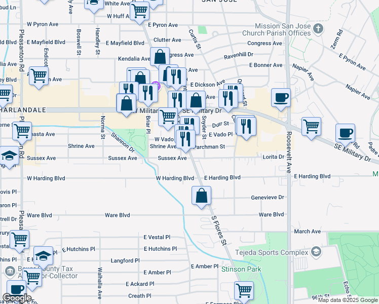 map of restaurants, bars, coffee shops, grocery stores, and more near 6737 South Flores Street in San Antonio