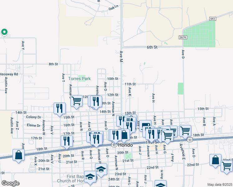 map of restaurants, bars, coffee shops, grocery stores, and more near 1201 12th Street in Hondo