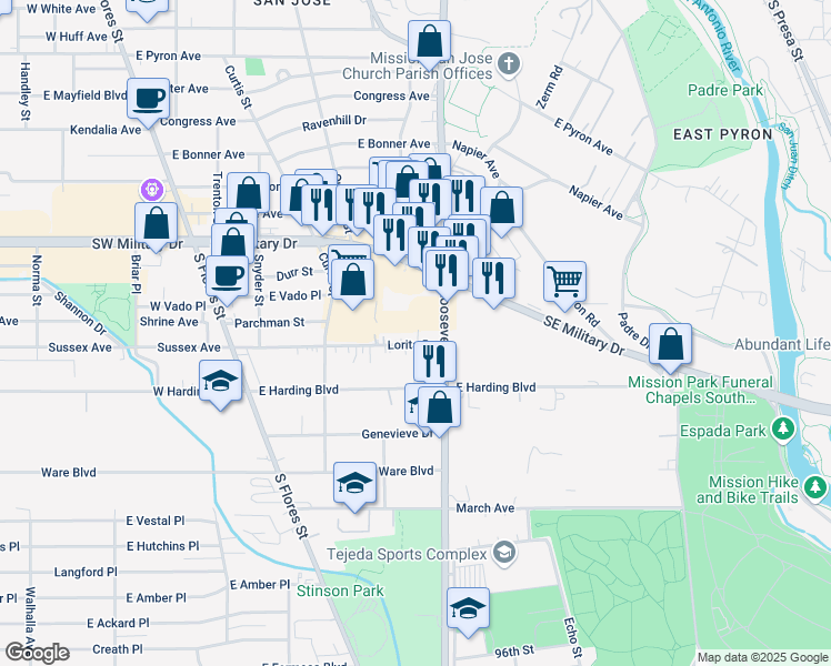 map of restaurants, bars, coffee shops, grocery stores, and more near 259 Lorita Drive in San Antonio