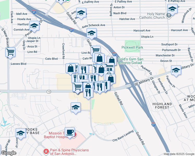 map of restaurants, bars, coffee shops, grocery stores, and more near 3323 Southeast Military Drive in San Antonio