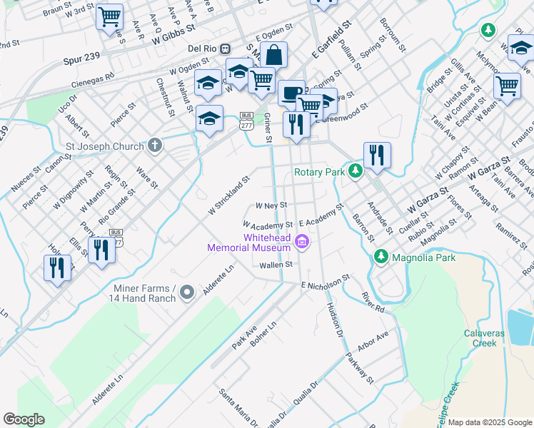 map of restaurants, bars, coffee shops, grocery stores, and more near 301 West Academy Street in Del Rio