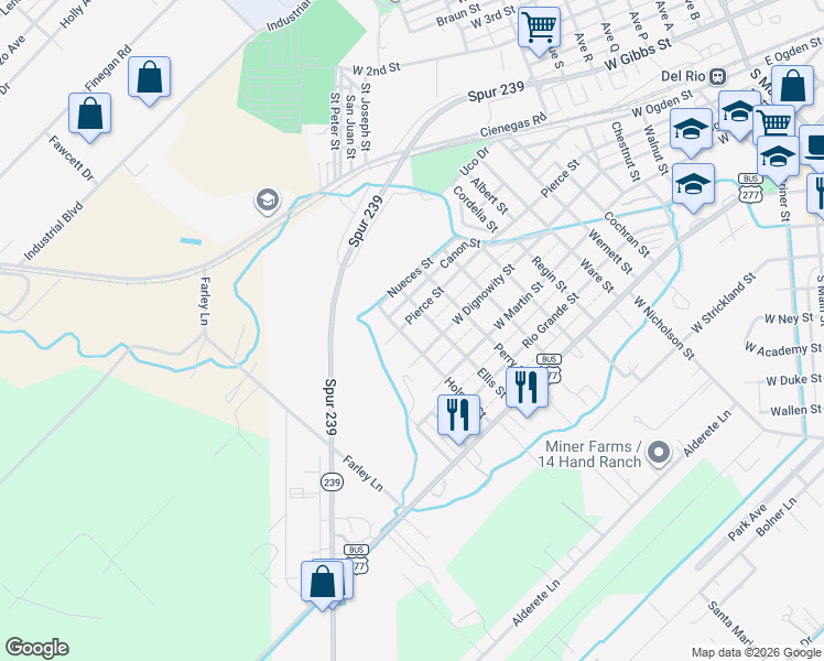 map of restaurants, bars, coffee shops, grocery stores, and more near 1405 West Dignowity Street in Del Rio