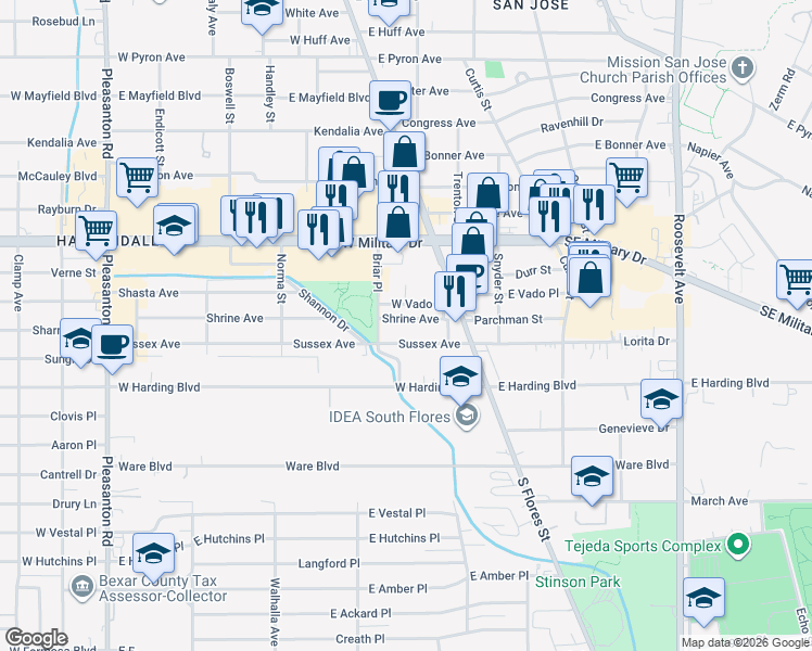 map of restaurants, bars, coffee shops, grocery stores, and more near 443 Sussex Avenue in San Antonio