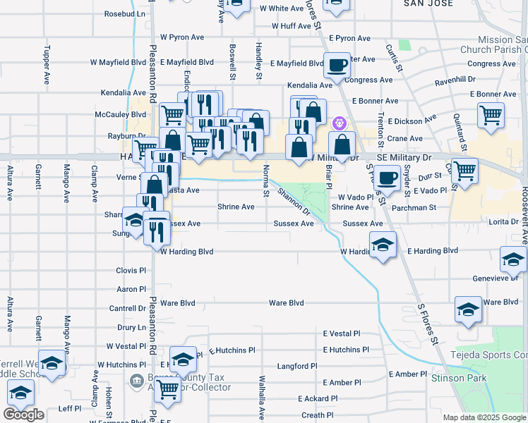 map of restaurants, bars, coffee shops, grocery stores, and more near 255 Sussex Avenue in San Antonio