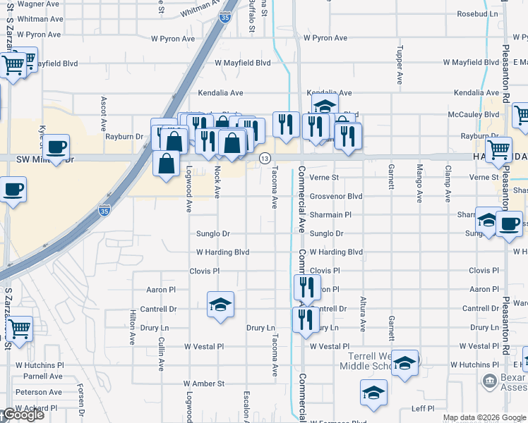 map of restaurants, bars, coffee shops, grocery stores, and more near 7402 Mary Abbott Street in San Antonio