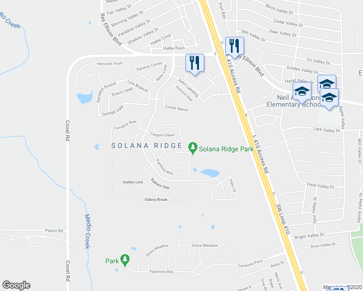 map of restaurants, bars, coffee shops, grocery stores, and more near 7723 Proton Summit in San Antonio