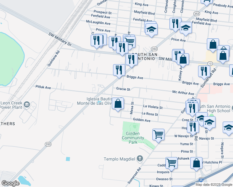 map of restaurants, bars, coffee shops, grocery stores, and more near 3326 Pitluk Avenue in San Antonio