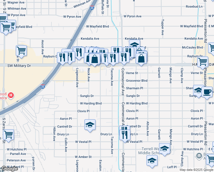 map of restaurants, bars, coffee shops, grocery stores, and more near 7402 Mary Abbott Street in San Antonio