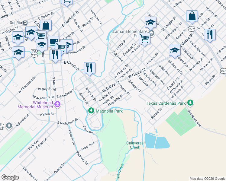 map of restaurants, bars, coffee shops, grocery stores, and more near Mendez Street in Del Rio