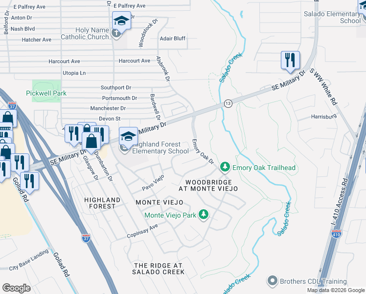 map of restaurants, bars, coffee shops, grocery stores, and more near 4007 Blue Oak Pass in San Antonio
