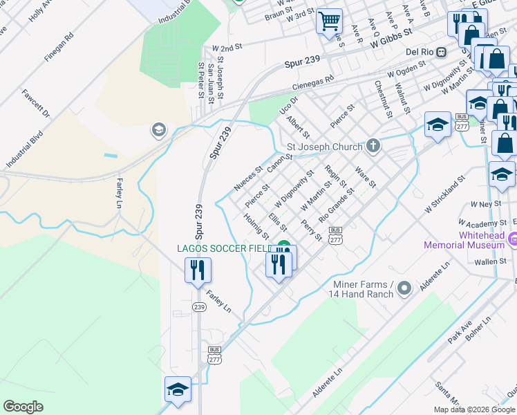map of restaurants, bars, coffee shops, grocery stores, and more near 1405 West Dignowity Street in Del Rio