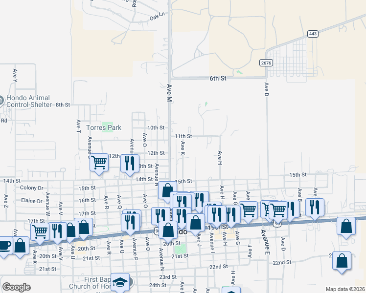 map of restaurants, bars, coffee shops, grocery stores, and more near 1114 Avenue K in Hondo