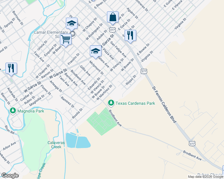 map of restaurants, bars, coffee shops, grocery stores, and more near 1905 Gillis Avenue in Del Rio