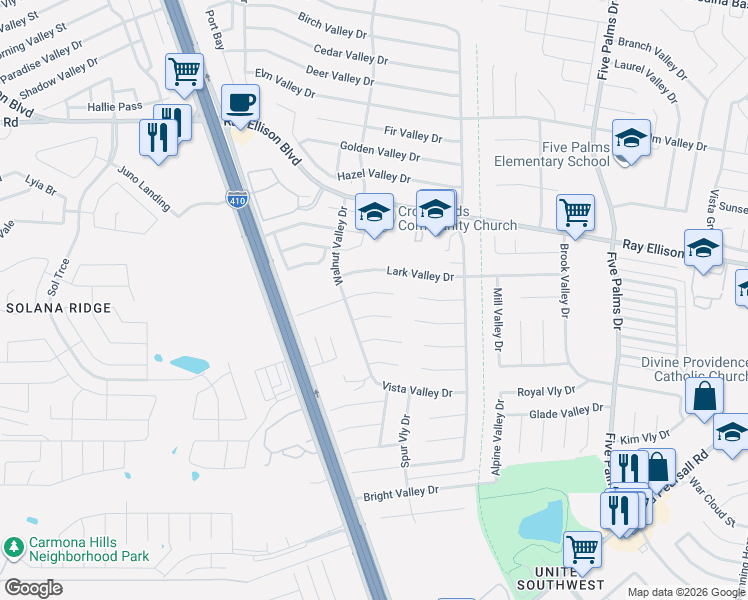 map of restaurants, bars, coffee shops, grocery stores, and more near 6235 Pike Valley Drive in San Antonio